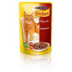 Friskies (Фріскіс) Консервований порційний повнораціонний корм для дорослих котів з яловичиною. Шматочки у підливці 100 г